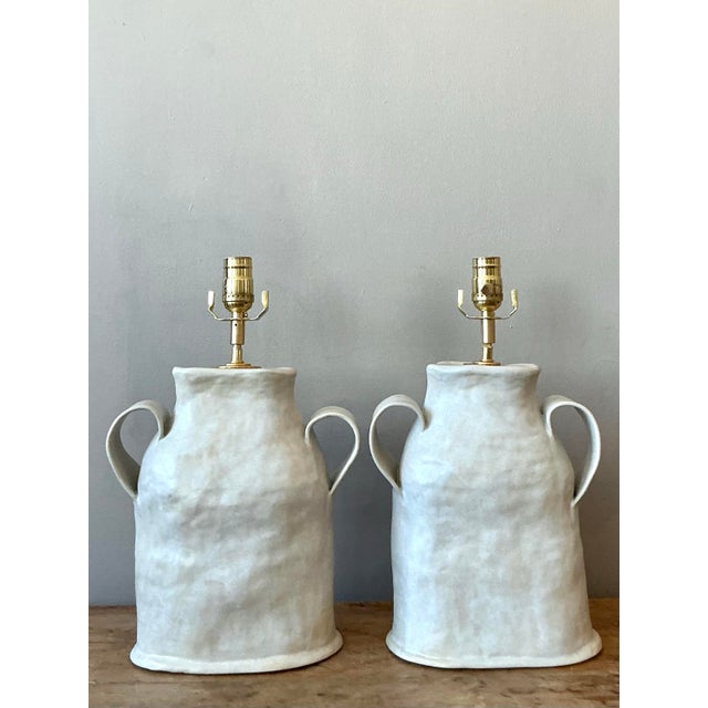 Ceramic Vintage Boho Slab Built Studio Pottery Lamps - A Pair For Sale - Image 7 of 8