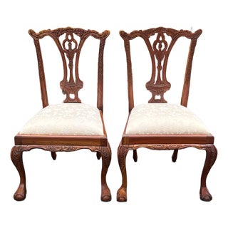 Intricately Carved Rustic Mahogany Chippendale Dining Chairs - Set of 2 For Sale