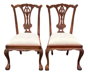 Intricately Carved Rustic Mahogany Chippendale Dining Chairs - Set of 2