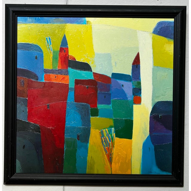 Original abstract geometric design of a cityscape. Stunning, colorful, textured glycee print on canvas. Signature to the...