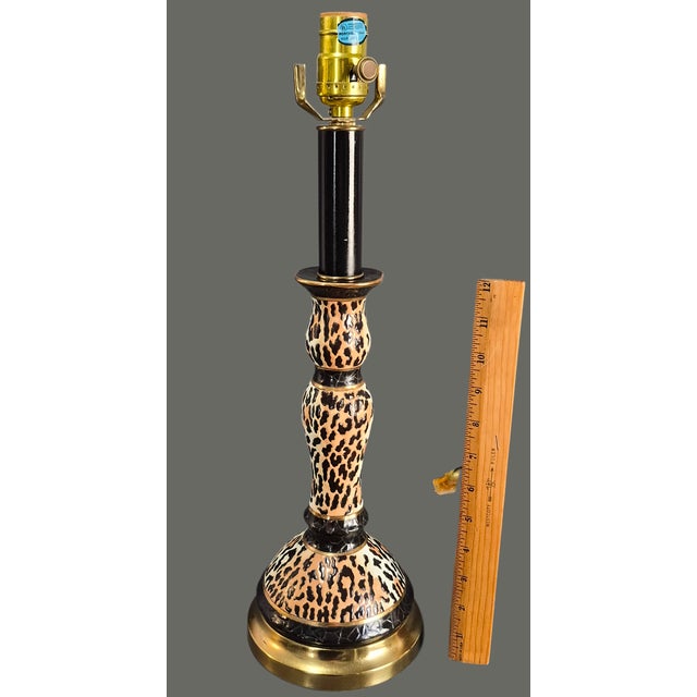 Hollywood Regency Decorative Animal Print Leopard Ceramic Candlestick Table Lamp For Sale - Image 10 of 11