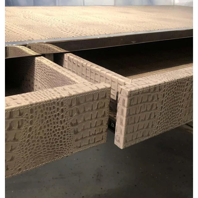 Brown Hollywood Regency Style Desk With Embossed Stitched Leather on a Chrome Frame For Sale - Image 8 of 12