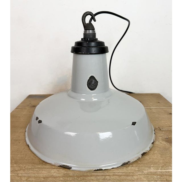 Industrial Grey Enamel Factory Pendant Lamp, 1960s For Sale - Image 11 of 17
