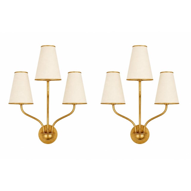Hollywood Regency Aerin for Visual Comfort 3 Light Montreuil Small Wall Sconces in Gilt Gold With Original Off White Linen Shades, Set of Four For Sale - Image 3 of 10