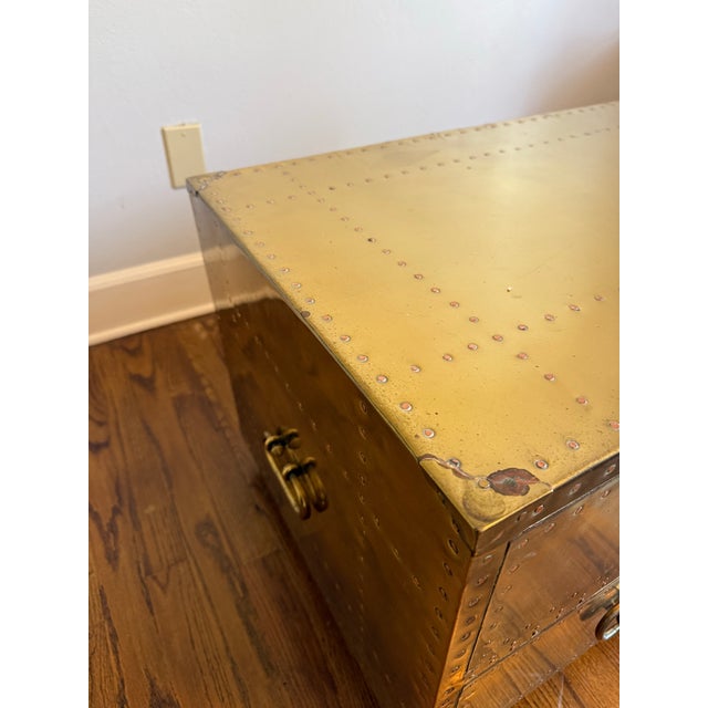 Vintage Sarreid Ltd. Handcrafted in Spain Brass-Clad Campaign Coffee Table With Two Drawers and Glass Top For Sale - Image 10 of 12