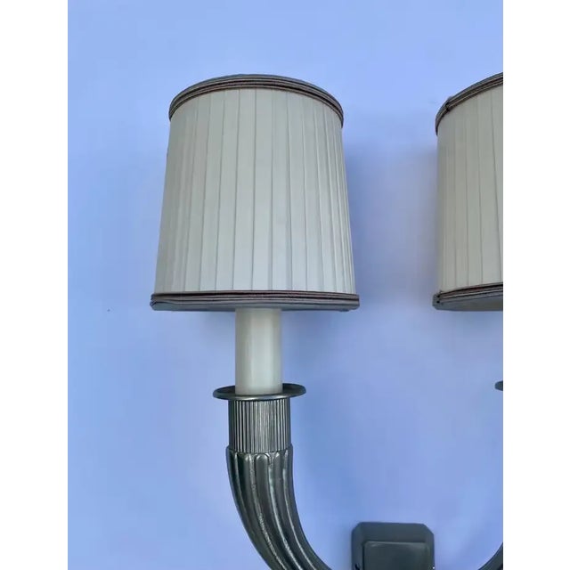 Metal French Art Deco Jacques Ruhlmann Style Silver Wall Sconces, George v Hotel Paris For Sale - Image 7 of 12