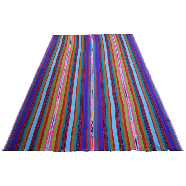 Textile Bright Multi Color Striped Turkish Rug, 5'6x8'6 Authentic Village Kilim, Mid Century Modern Home Decor For Sale - Image 7 of 12