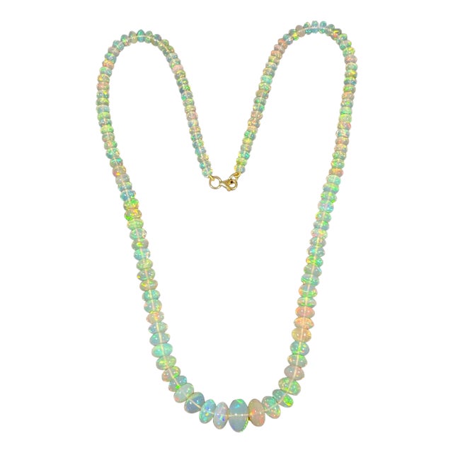 Natural 110 Ct Ethiopian Opal Bead Single Strand Necklace 14 Karat Yellow Gold For Sale