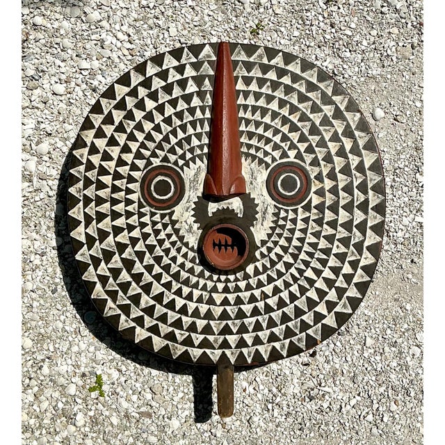 Late 20th Century Vintage Tribal Geometric Painted Wood Shield For Sale - Image 5 of 15