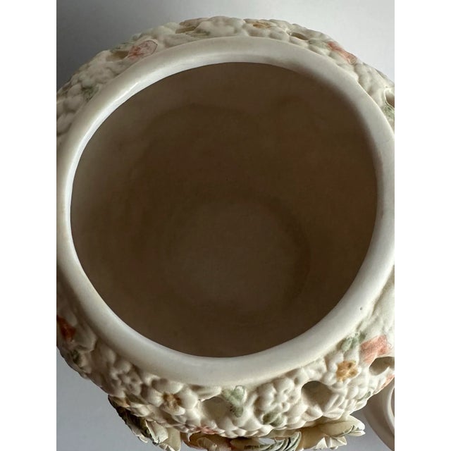 Ivory Vintage Late 1900s Large Ceramic Ivory Colored Floral & Birds Potpourri Diffuser Ginger Jar For Sale - Image 8 of 12