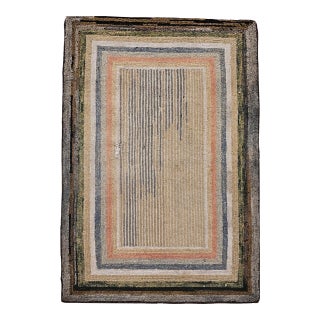 Antique American Hand Hooked Rug, Wool & Cotton, Multicolor Stripe, Folk Art, 2x4 For Sale