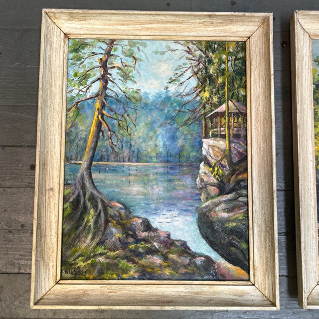 Set of two 1960’s original impressionist lake and bridge landscape paintings. Both signed and framed. Each measure...
