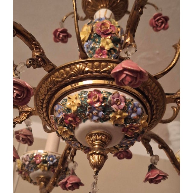 Metal Vintage Boho Six-Arm Chandelier in Ceramic and Gilt Brass For Sale - Image 7 of 10