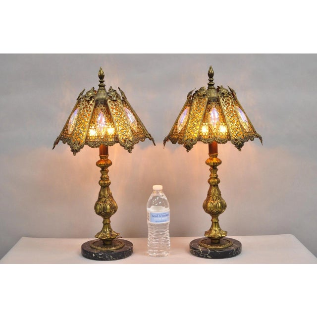 Vintage Hollywood Regency Small Gold Metal Filigree Boudoir Table Lamps with Iridescent Jewel & Amber Stained Glass Shades...