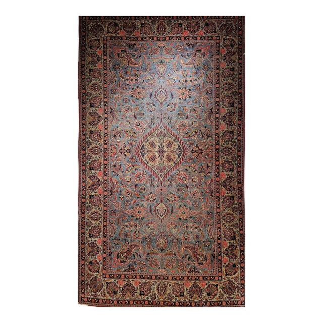 Vintage Kashan Area Rug, Handwoven Floral Pattern, Aqua Blue & Teal Green, 5’ X 8’ For Sale