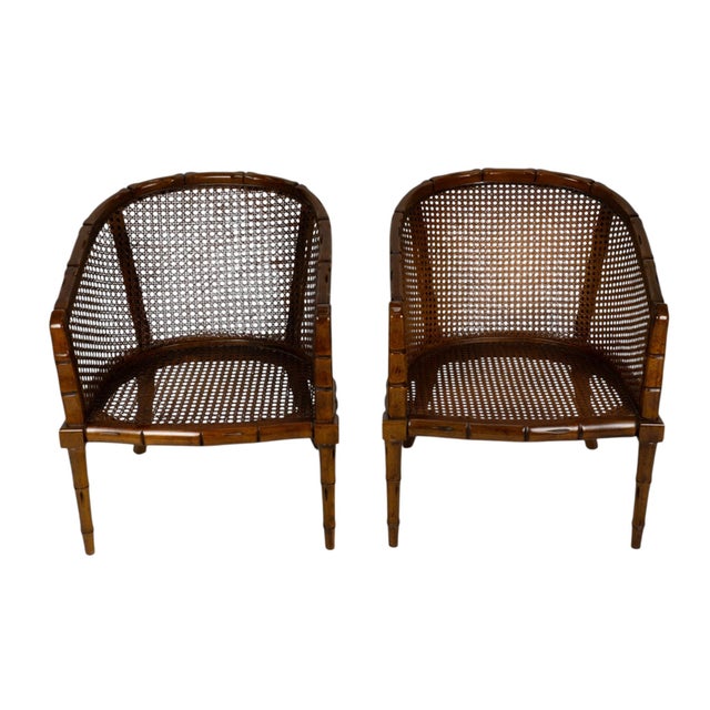 Pair Vintage Faux Bamboo Cane Barrel Chairs Hollywood Regency For Sale - Image 4 of 18