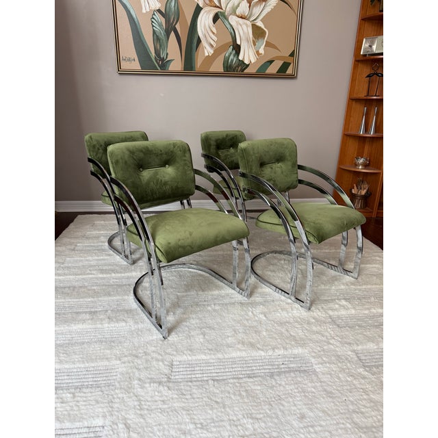 Vintage 1970s Chrome Cantilever Velvet Dining Chairs after Milo Baughman Beautiful set of four dining chairs in style of...