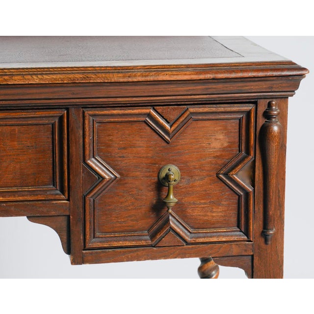Antique Barley-Twist Oak Writing Desk With Burgundy Leather Top, Jacobean Revival Circa 1890 For Sale - Image 4 of 8