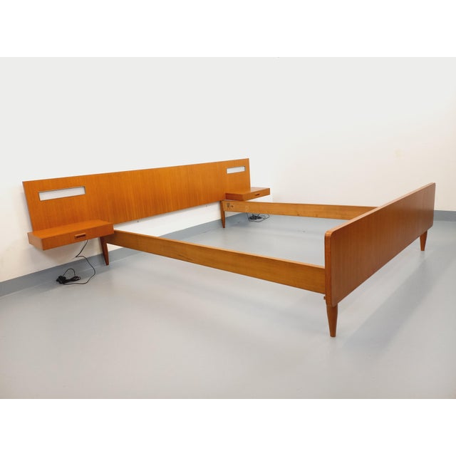Vintage Scandinavian-Style Teak Double Bed with Suspended Bedside Tables and Integrated Lamps, 1960s For Sale - Image 12 of 18