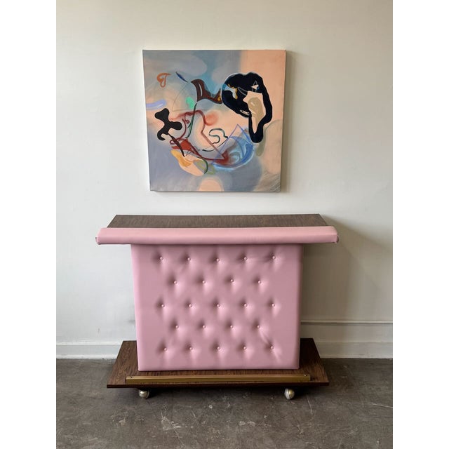 Vintage Pink Vinyl Bar & 4 Aqua Barstools Set For Sale - Image 4 of 18