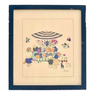 Vintage Lithograph Print by Gisele Boland – Framed Parisian Flower Market Scene For Sale
