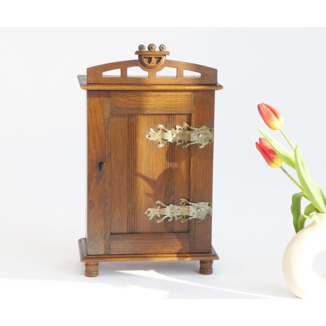 Vintage Dutch Oak Medicine Cabinet with Brass Decor, 1920s For Sale - Image 3 of 9