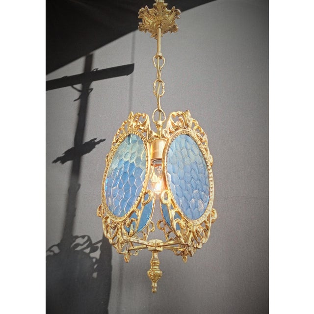 French 1960s Ceiling Light Vintage French Brass Blue Glass Chandelier For Sale - Image 3 of 14