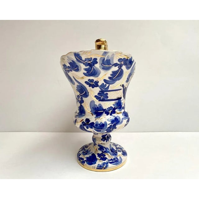 Gorgeous hubert bequet ceramic pitcher vase with a beautifull hand painted blue pattern. decorated with 24k gold. belgium,...