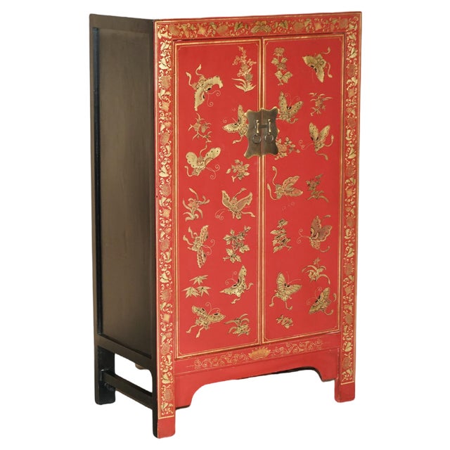 Chinese Butterfly Hand Painted Lacquered Cupboard, 1900s For Sale