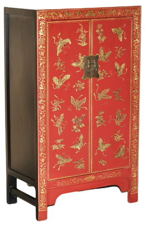Chinese Butterfly Hand Painted Lacquered Cupboard, 1900s