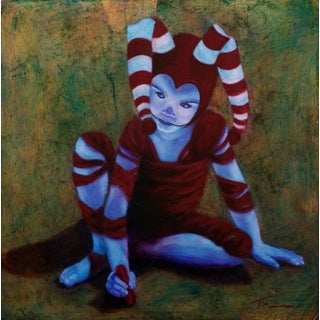 Contemplating by Tammi Otis | Oil and Gold Leaf Painting of a child in a striped costume. For Sale