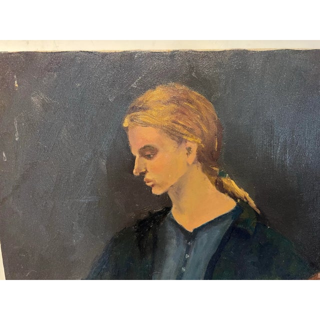 Boho Chic Barbara Lebhar Oil on Canvas Painting of a Young Woman Playing a Guitar Titled Sad Song For Sale - Image 3 of 6