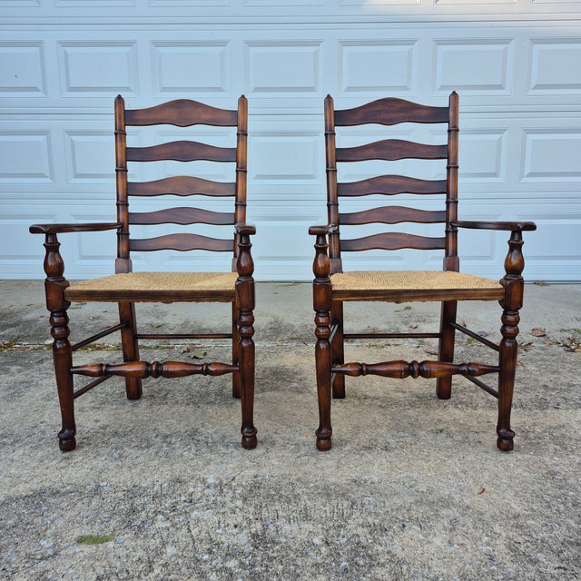Wood 2019 Attributed to Theodore Alexander Castle Bromwich Ladderback Rush Seat Dining Arm Chairs, a Pair For Sale - Image 7 of 15
