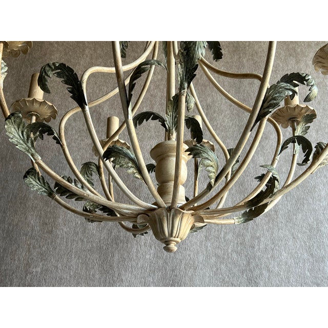 Cream Vintage Late 20th Century Italian Green Acanthus Leaves 8 Light Tole Chandelier For Sale - Image 8 of 12