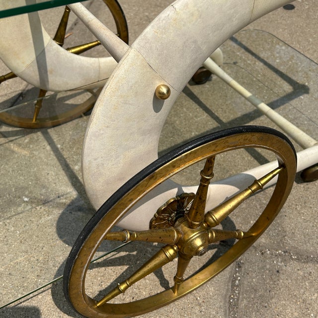 Antique White Aldo Tura Goatskin Wrapped Wood + Glass Chariot Bar Cart C1960s For Sale - Image 8 of 10