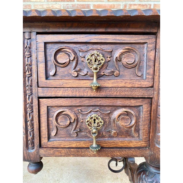 Metal 19th Century French Renaissance Hand Carved Desk or Writing Table with Carved Structure and Iron Stretcher For Sale - Image 7 of 18