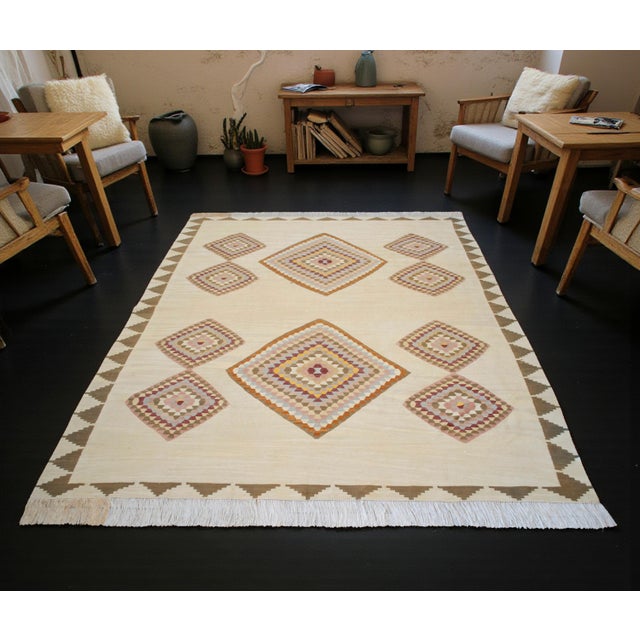 Turkish Silk Rug Kilim Hand Woven Oushak Made Luxury Home Area Rug - 6′4″ × 8′2″ For Sale - Image 4 of 16