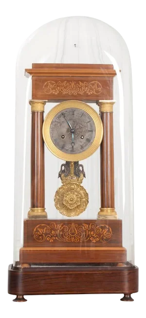 19th Century Marquetry-Inlaid Satinwood and Gilt-Bronze Portico Clock