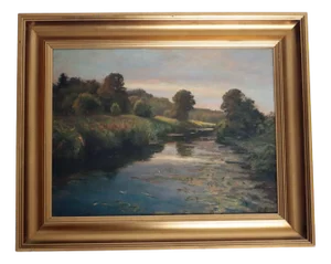 Victor Puhonny, German Landscape with River, 1890s, Oil on Canvas, Framed