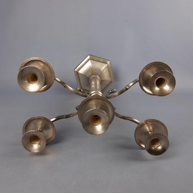 Large Silver Metal 5-Light Candelabra with Hexagonal Base, 1970s For Sale - Image 9 of 14