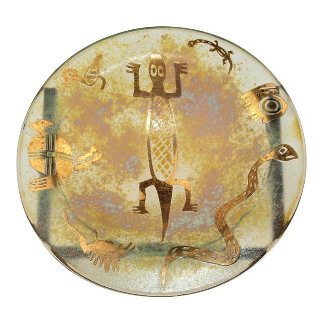 Art Inlay Glass Bowl by Jorge Bencomo with Iron Easel For Sale