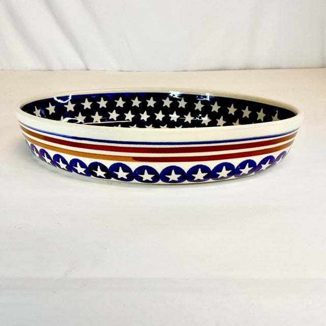 1980s Vintage Arts & Crafts Americana Boho Chic Boleslawiec Pottery Oval Baker Serving Dish - 4th of July For Sale - Image 9 of 11