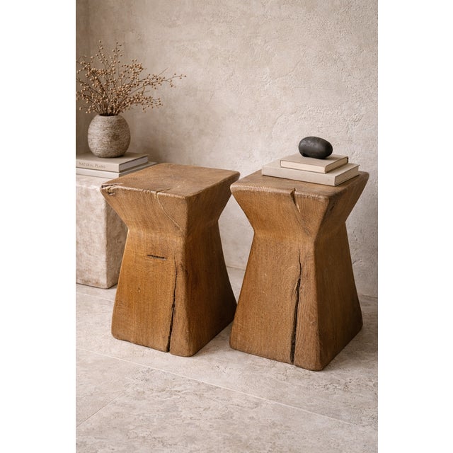 Brutalist Wabi-Sabi Sculptural Hand-Carved Oak Tree Trunk Stools or Side Tables, 1980s, Set of 2 For Sale - Image 6 of 6