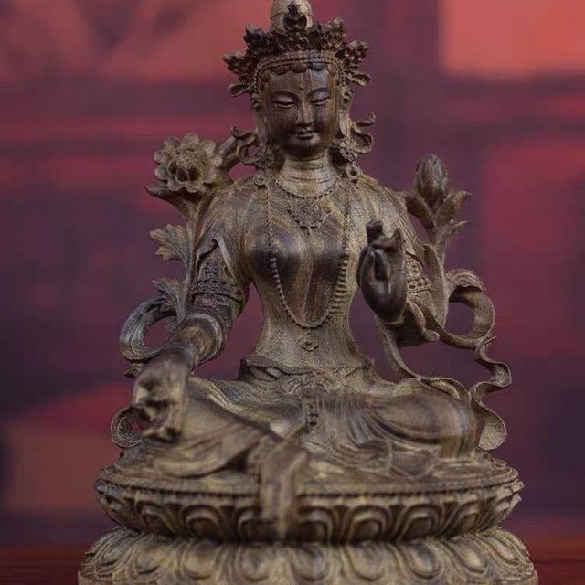 Late 20th Century Chinese Vintage Wood Carving Sitting Green Tara Buddha Statue For Sale - Image 5 of 7