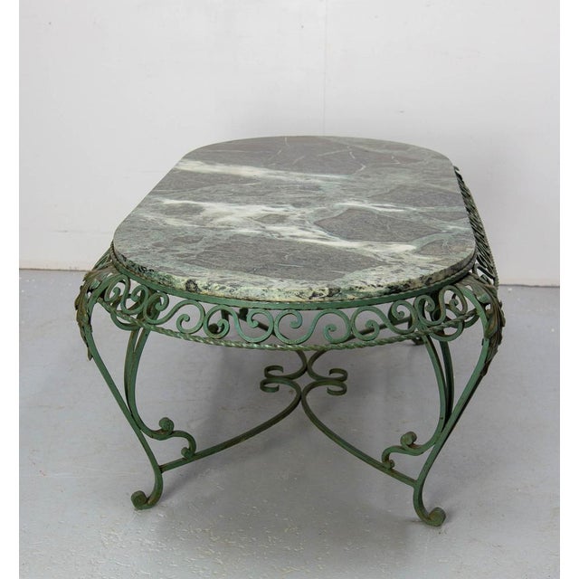 Metal French Green Oval Marble Top & Wrought Iron Coffee Table, 1960 For Sale - Image 7 of 17