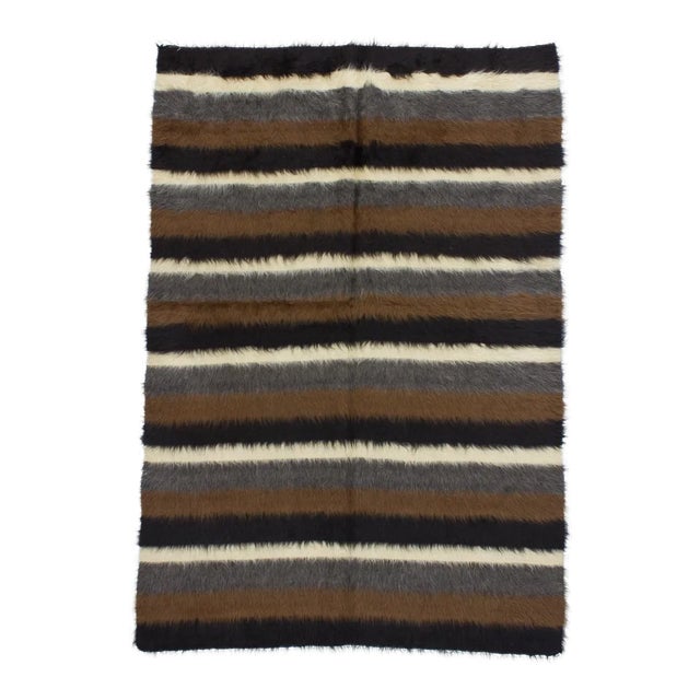 1960s Vintage Turkish Black Striped Blanket Kilim Rug - 4′6″ × 6′6″ For Sale