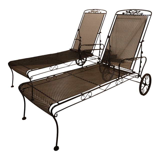Vintage Acorn and Oak Leaf Wrought Iron Chaise Loungers - Set of 2 For Sale