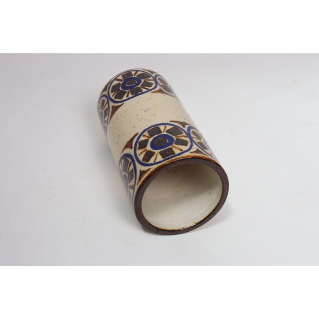 Scandinavian Modern Stoneware Cylindrical Vase With Geometric Motif For Sale - Image 10 of 12