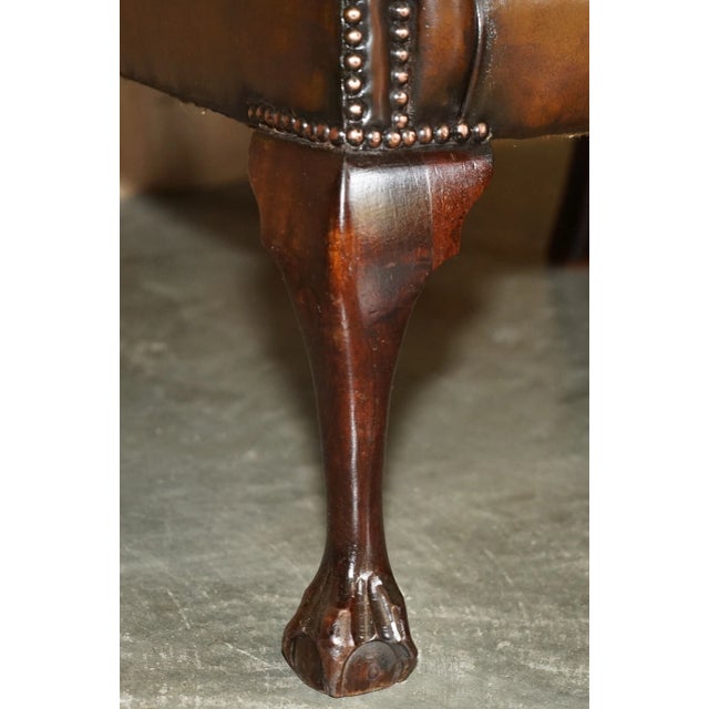 Animal Skin Vintage Pair of Chesterfield Chestnut Brown Leather Wingback Armchairs & Footstools For Sale - Image 7 of 18