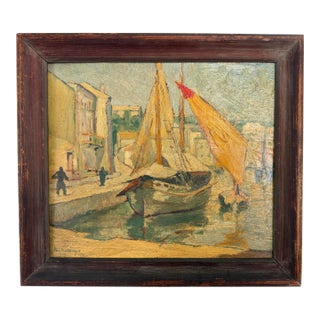 Harbor Scene Painting Dated 1929 For Sale